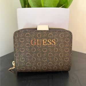 GUESS Brown Logo Print Small Zip Wallet with Gold Hardware